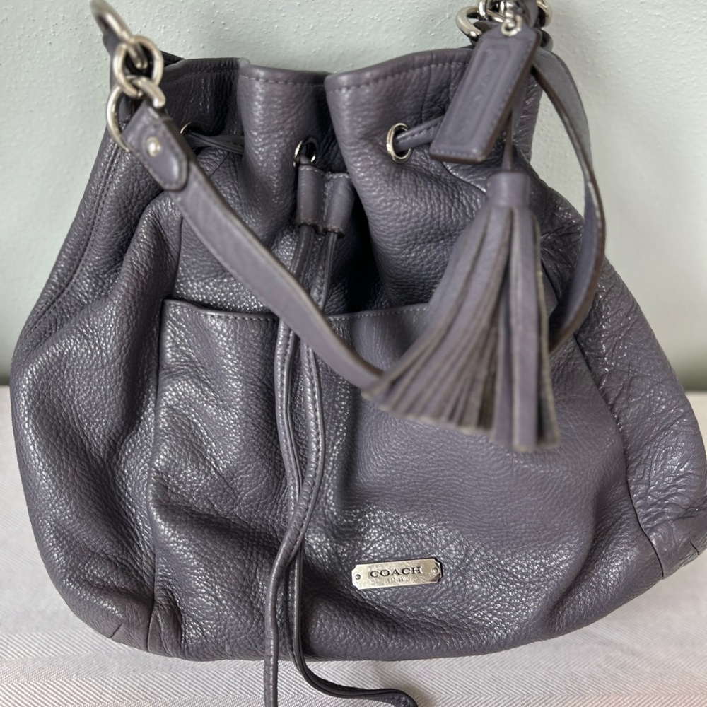 Coach Avery Park pebbled leather hobo drawstring bucket bag in purple-grey color
